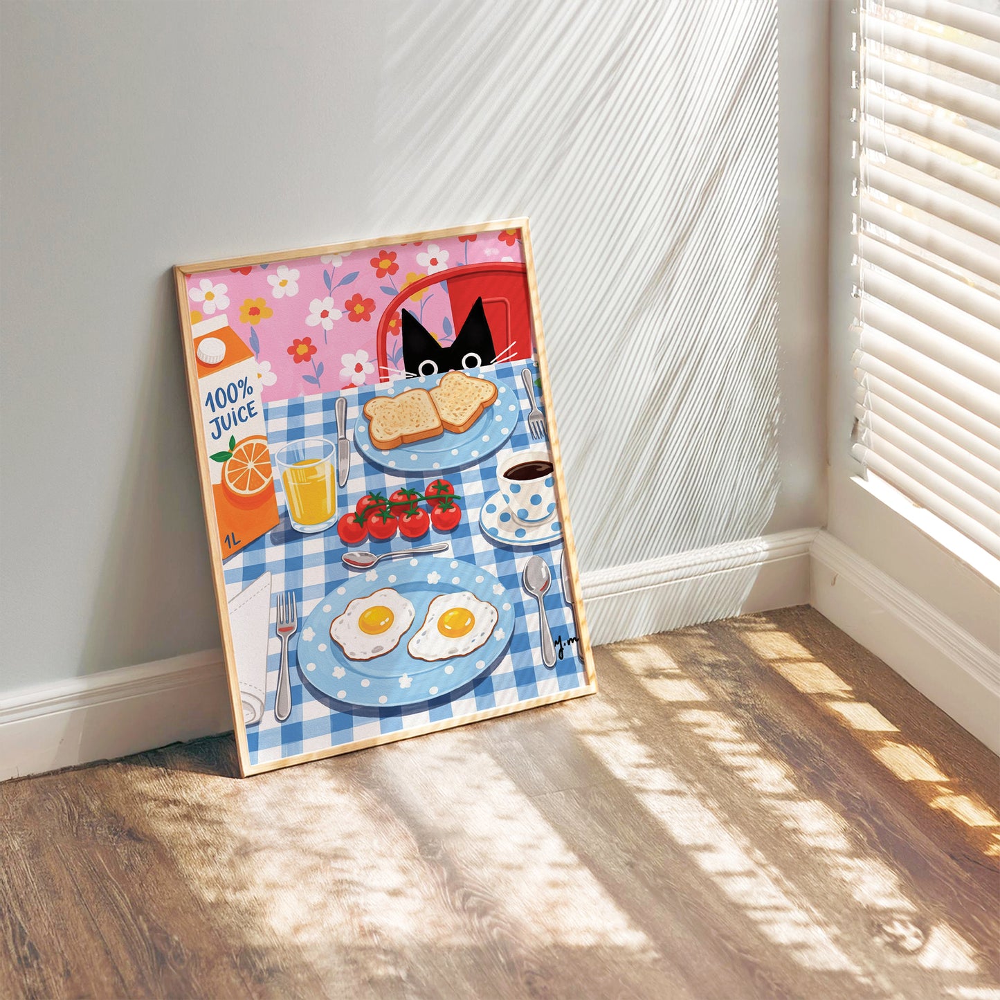 Black Cat Breakfast Art Print Whimsical Kitchen Decor with Eggs, Toast and Juice Print Poster