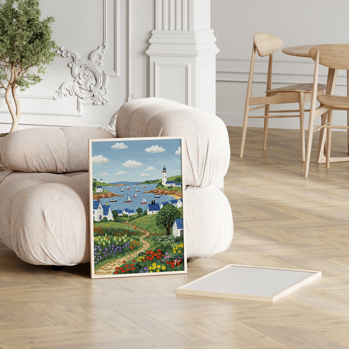 Couple Cat on the Roof Countryside Ocean Landscape Painting Countryside Sea Lighthouse Handdrawn Coastal Wildflower Field Beach Illustration