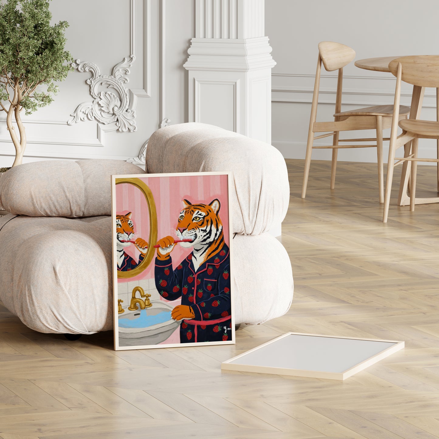 Tiger brushing teeth in pink bathroom mirror cute animal illustration fun kids room art print wall decor gift Poster