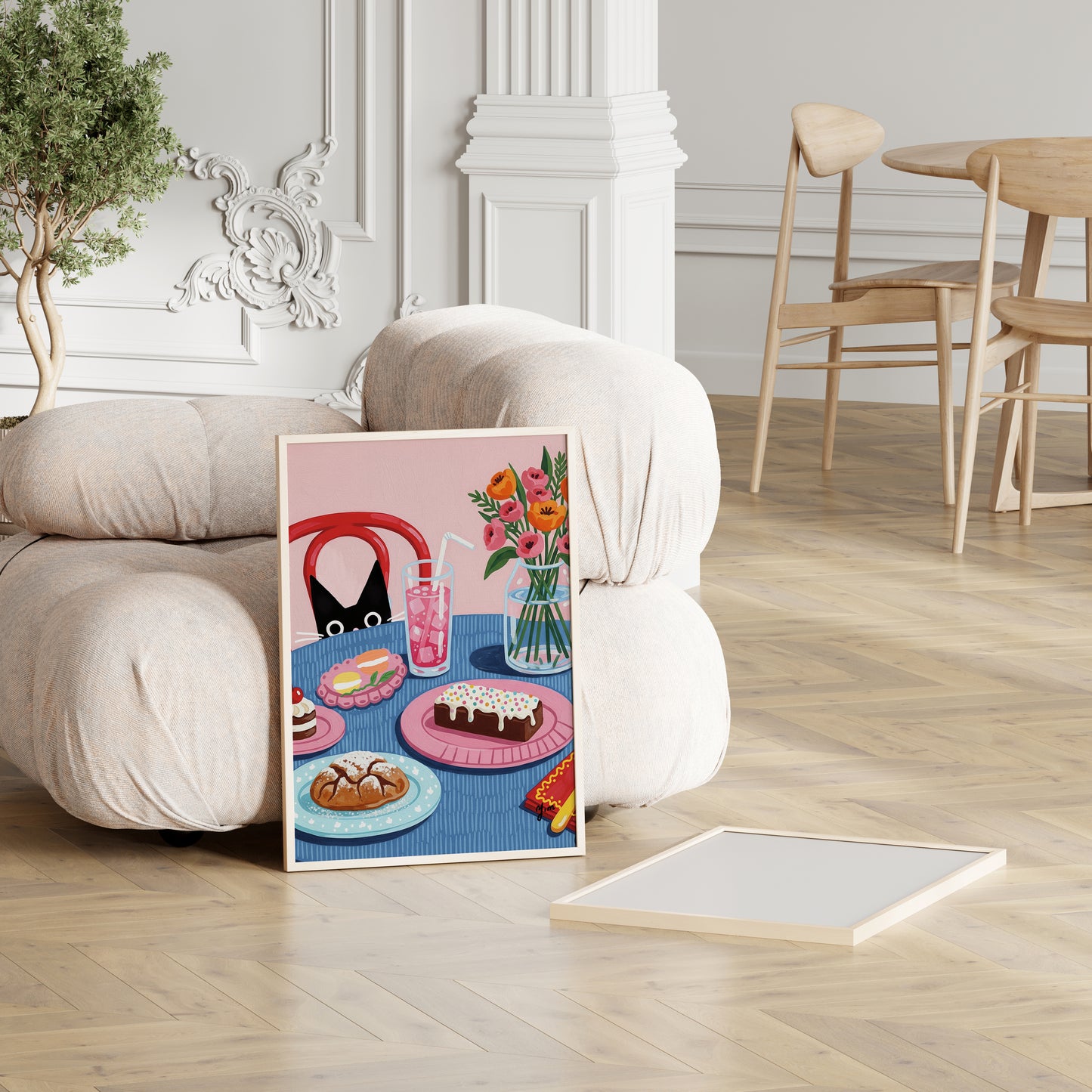 Curious Cat Dessert Table Art Print – Whimsical Sweets and Floral Illustration Poster