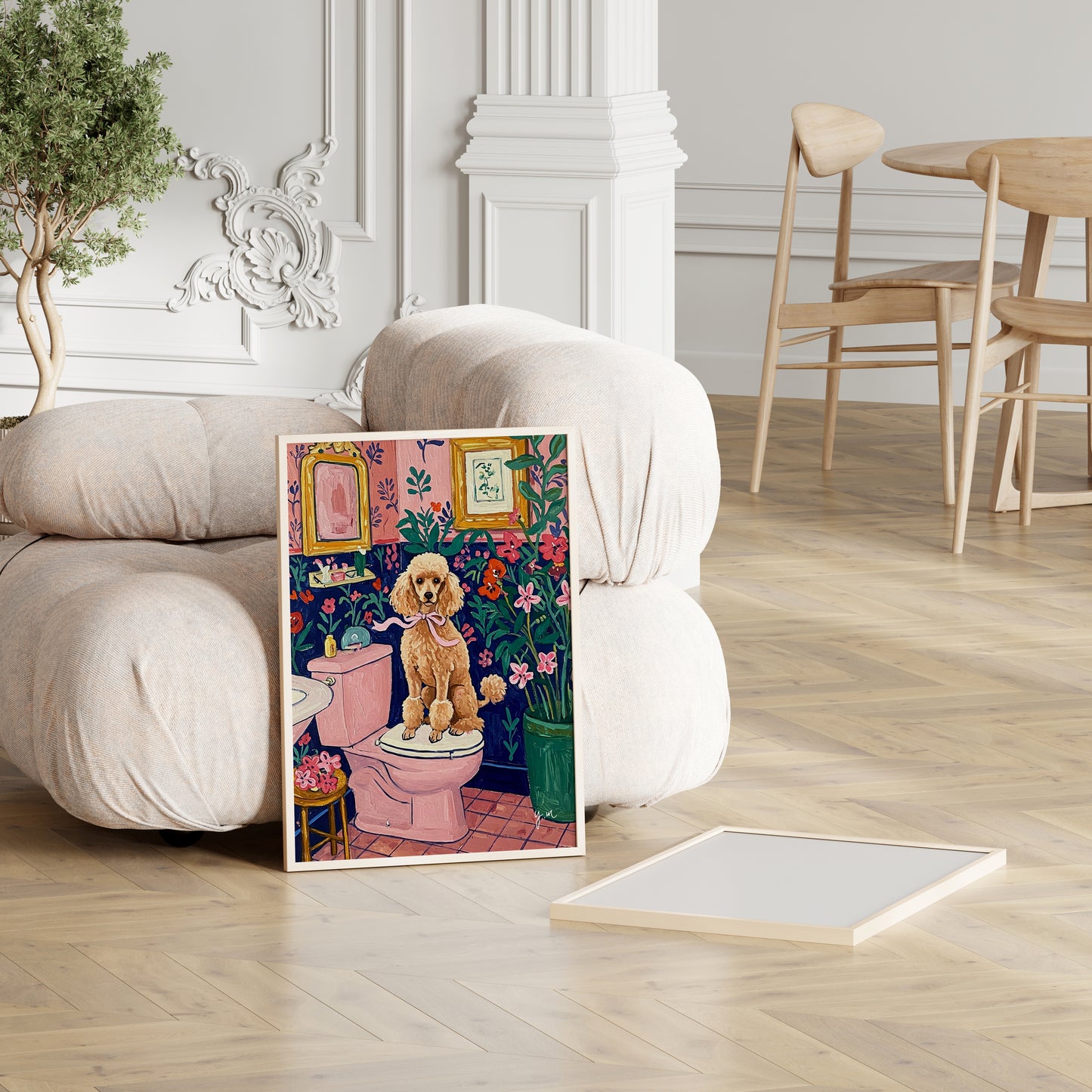 Toy poodle on Toilet Aesthetic pink bathroom wall art Henri Matisse art print Dopamine decor Gift for dog lovers Funny dog poster Fluffy dog