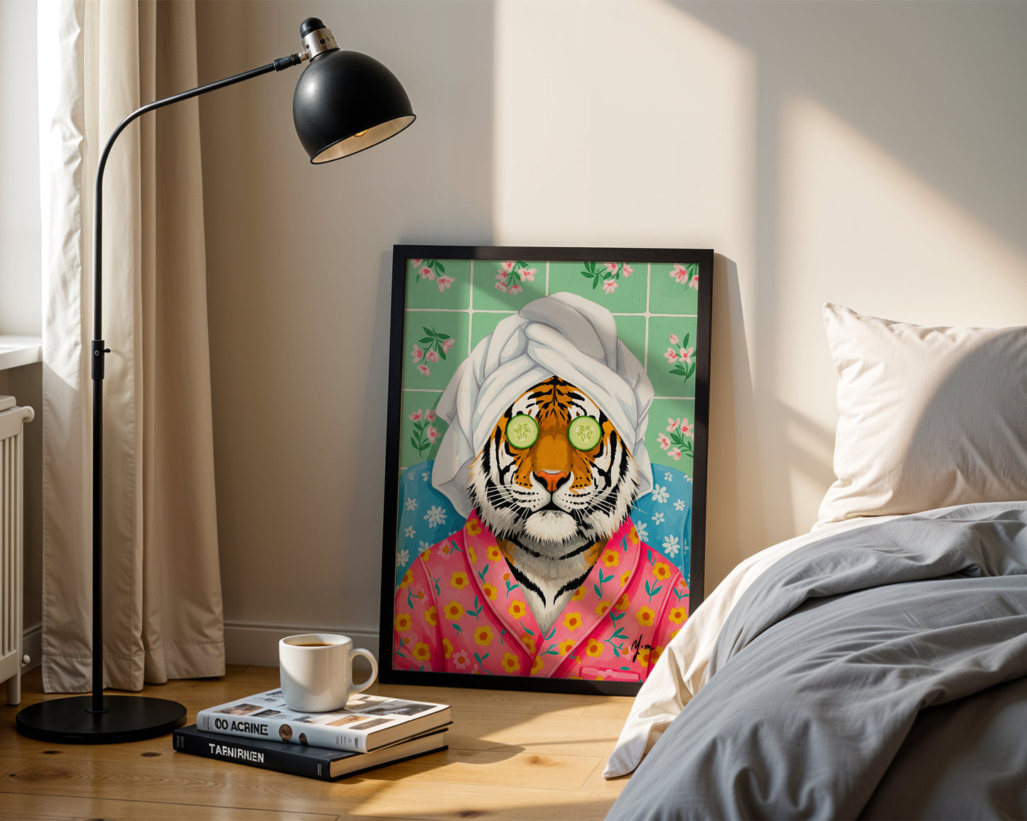 Spa tiger in floral robe relaxing with cucumber mask whimsical animal art by YunaMoona