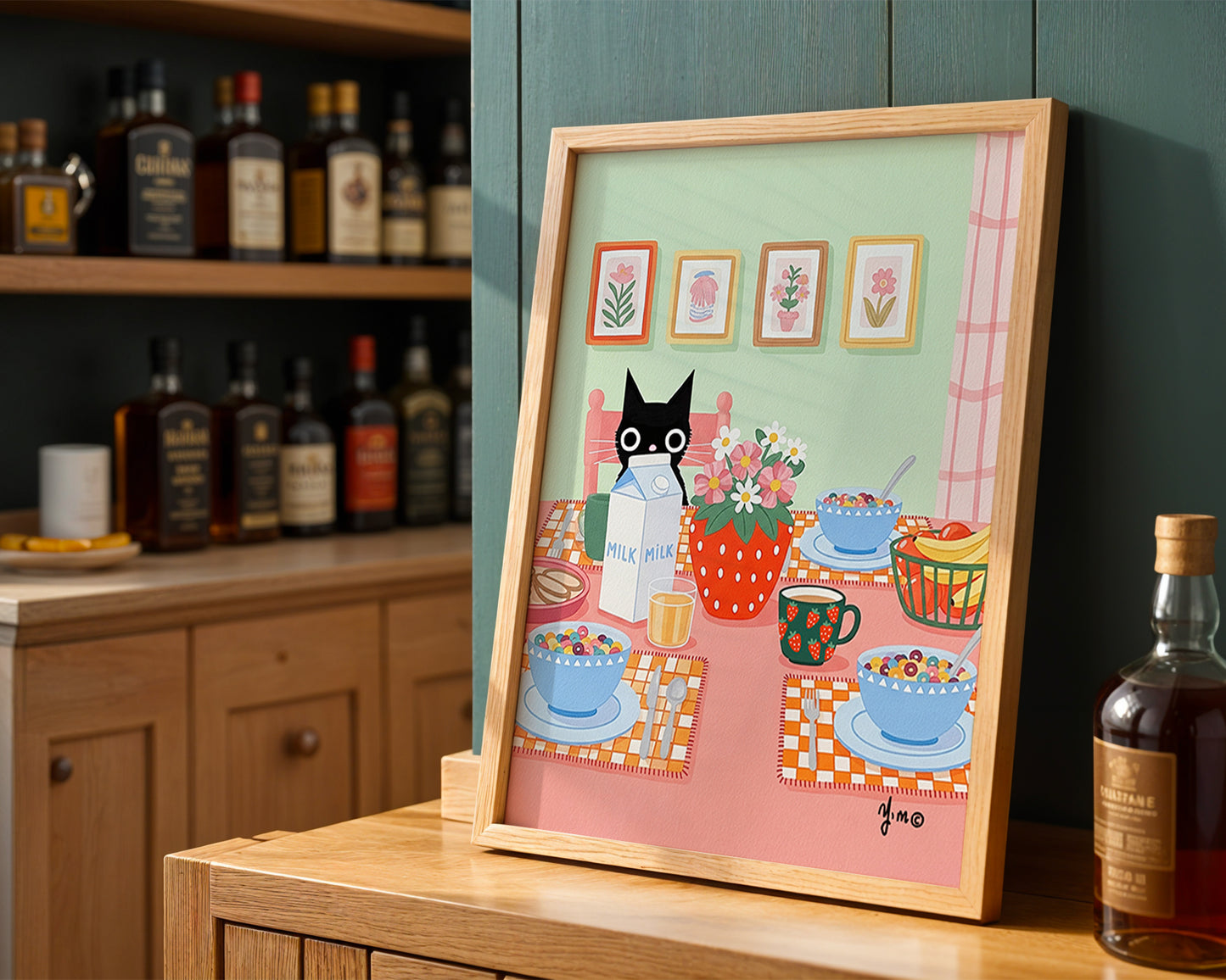 Delightful black cat kitchen art featuring colorful breakfast scene with cereal bowls, flowers, and cookies. Perfect whimsical decor for cozy homes.