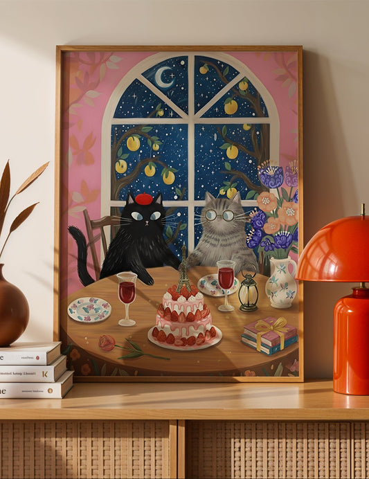 A romantic cottagecore illustration of two cats sharing strawberry cake under a dreamy starry night sky. Cozy storytelling art perfect for cat lovers and warm home decor.