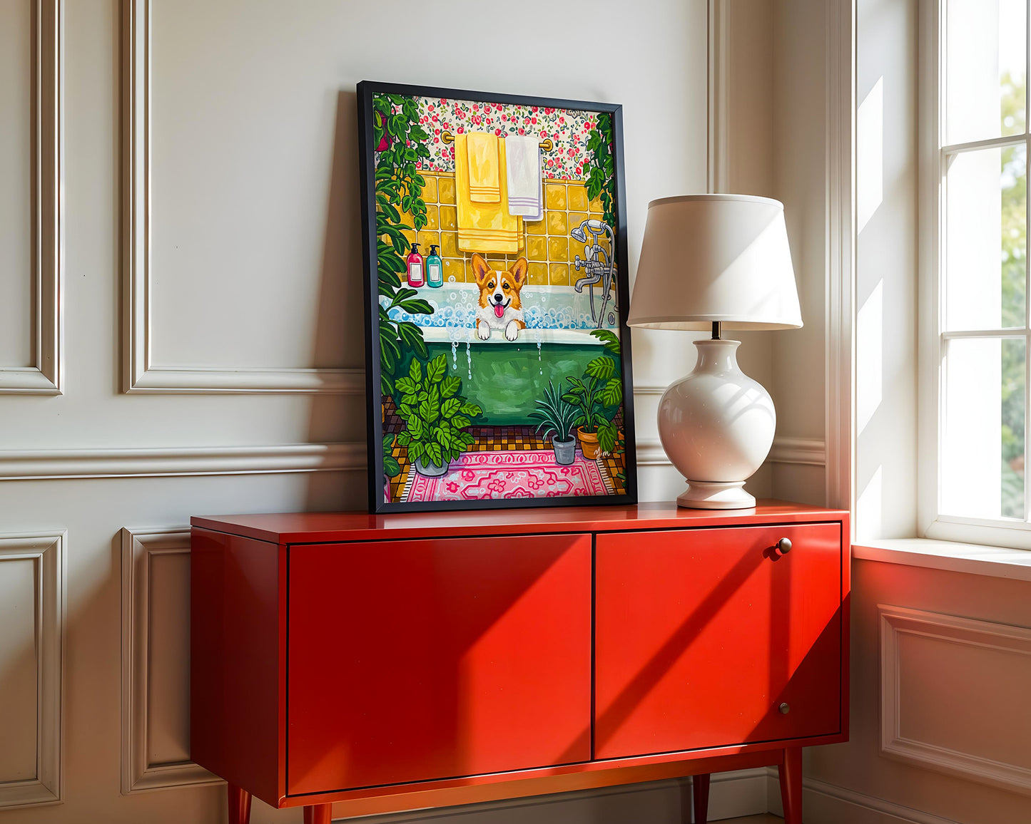 Illustration of a happy corgi taking a bubble bath in a vintage plant filled bathroom with floral wallpaper and cozy cottage details.