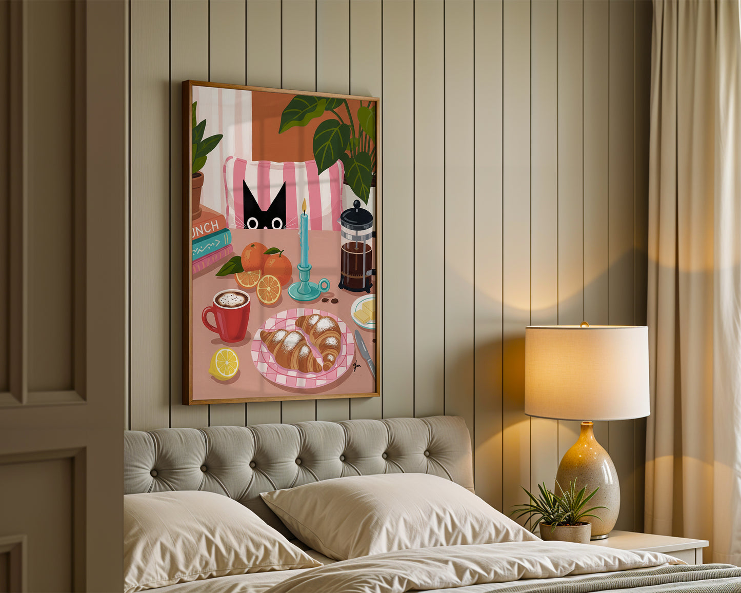 Cozy Cat Brunch Art Print with Croissants Coffee and Candle Kitchen Wall Decor by Yunamoona