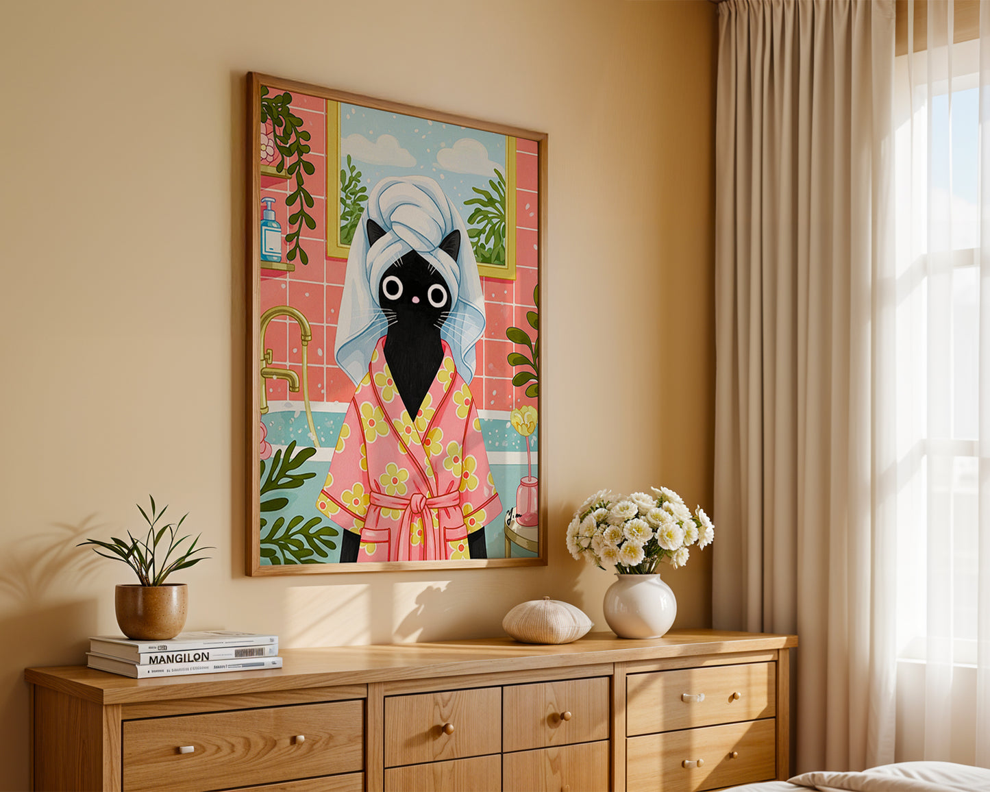 charm and humor to your space with this whimsical black cat illustration by YunaMoona. Featuring a stylish black cat in a floral pink robe with a towel wrapped around her head, this bathroom scene brings cozy spa vibes and playful energy to any room. Perfect for cat lovers and fans of quirky art, this print makes a delightful addition to bathrooms, bedrooms, or home offices. Printed with vivid colors and crisp details, it’s a great gift for cat moms and self-care lovers alike.