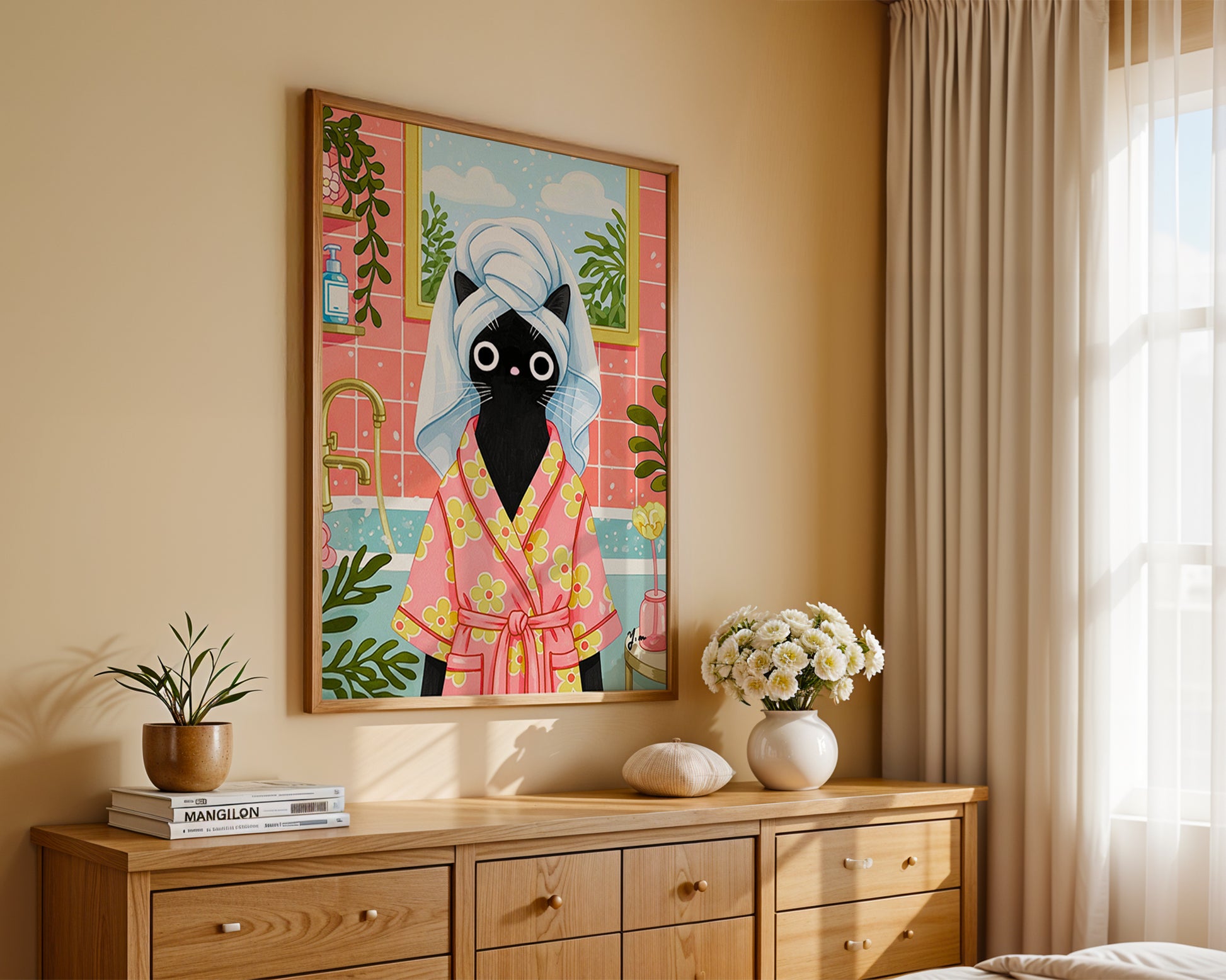 charm and humor to your space with this whimsical black cat illustration by YunaMoona. Featuring a stylish black cat in a floral pink robe with a towel wrapped around her head, this bathroom scene brings cozy spa vibes and playful energy to any room. Perfect for cat lovers and fans of quirky art, this print makes a delightful addition to bathrooms, bedrooms, or home offices. Printed with vivid colors and crisp details, it’s a great gift for cat moms and self-care lovers alike.