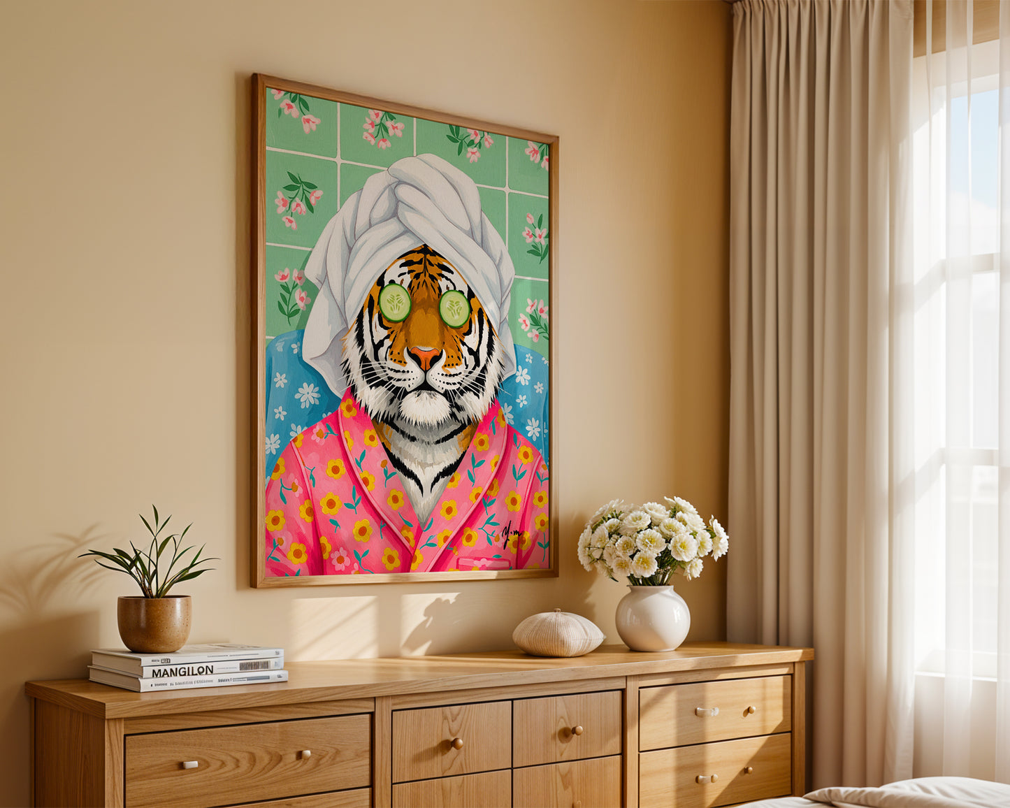 Spa tiger in floral robe relaxing with cucumber mask whimsical animal art by YunaMoona