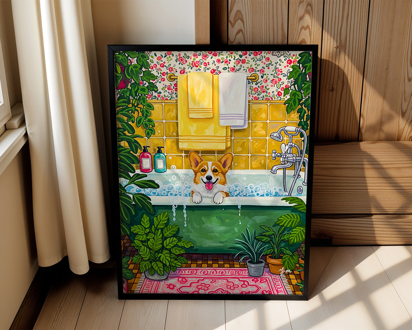Corgi bubble bath illustration whimsical dog bathroom art cozy home decor by YunaMoona