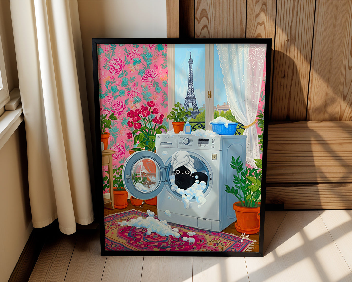 Whimsical Paris Laundry Room Art with Black Cat in Washing Machine by YunaMoona Poster