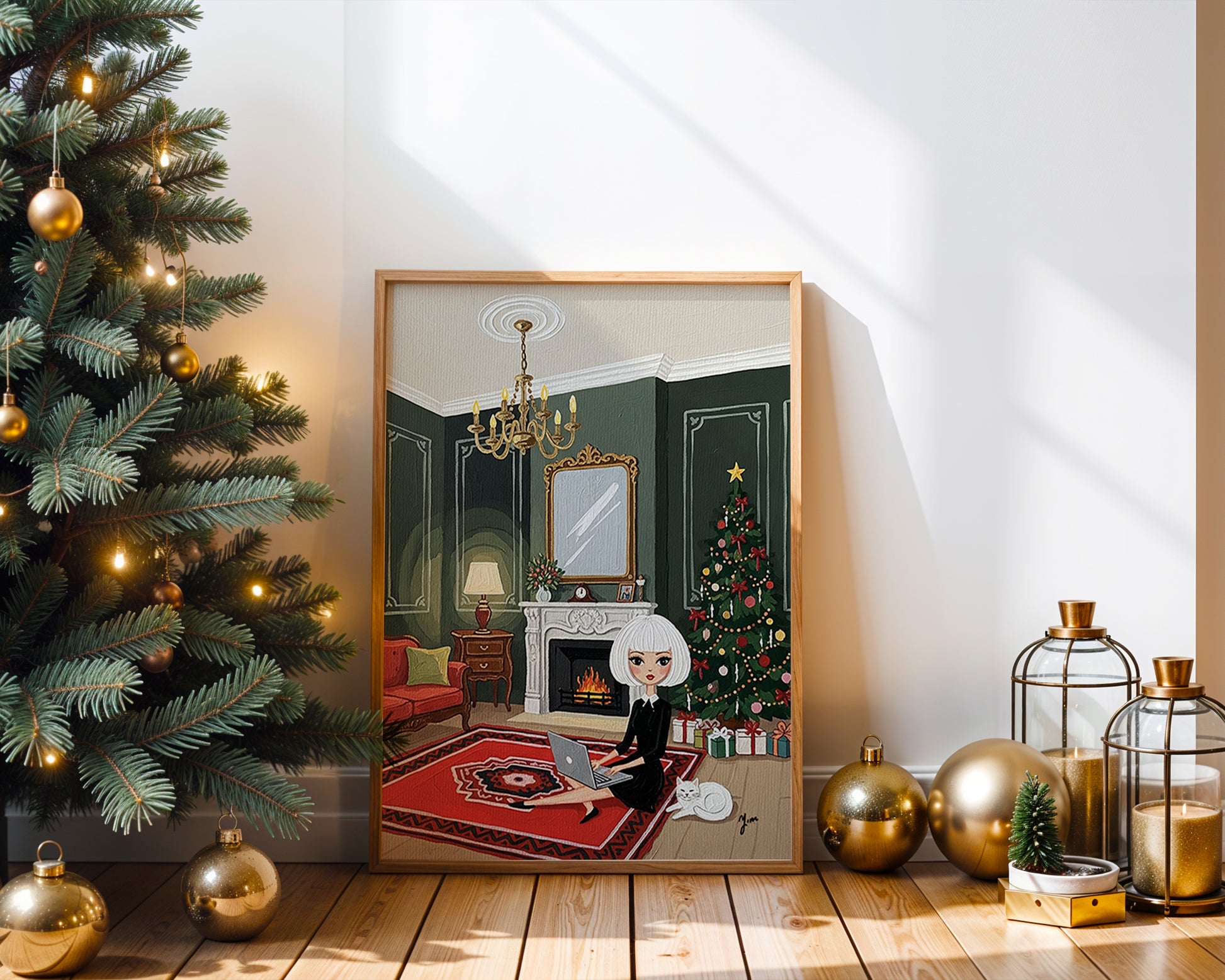 Illustration of a chic woman with short white hair sitting on a red rug using a laptop beside a fireplace, with a decorated Christmas tree and a white cat resting nearby in a cozy holiday interior.