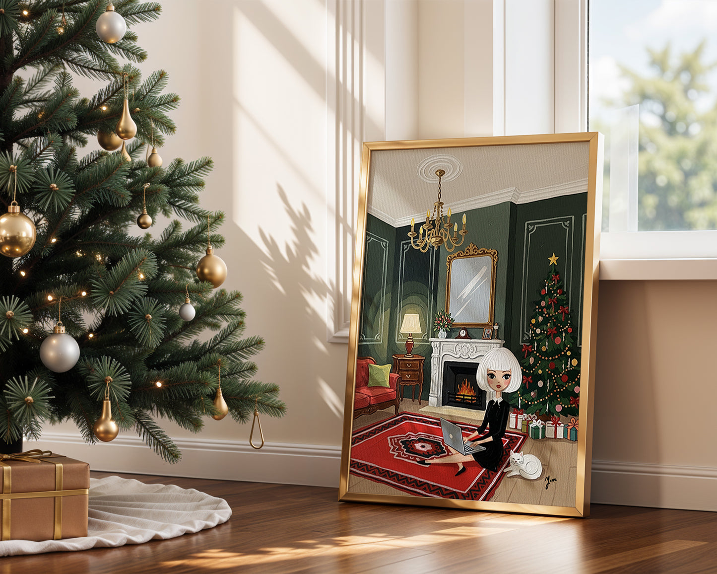 Illustration of a chic woman with short white hair sitting on a red rug using a laptop beside a fireplace, with a decorated Christmas tree and a white cat resting nearby in a cozy holiday interior.