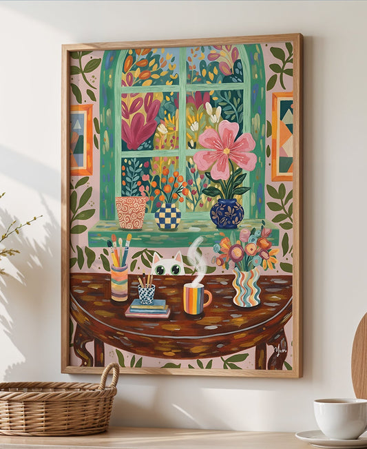 White cat peeking over a wooden art desk with flowers, brushes and a steaming coffee in front of a colorful cottagecore floral window.
