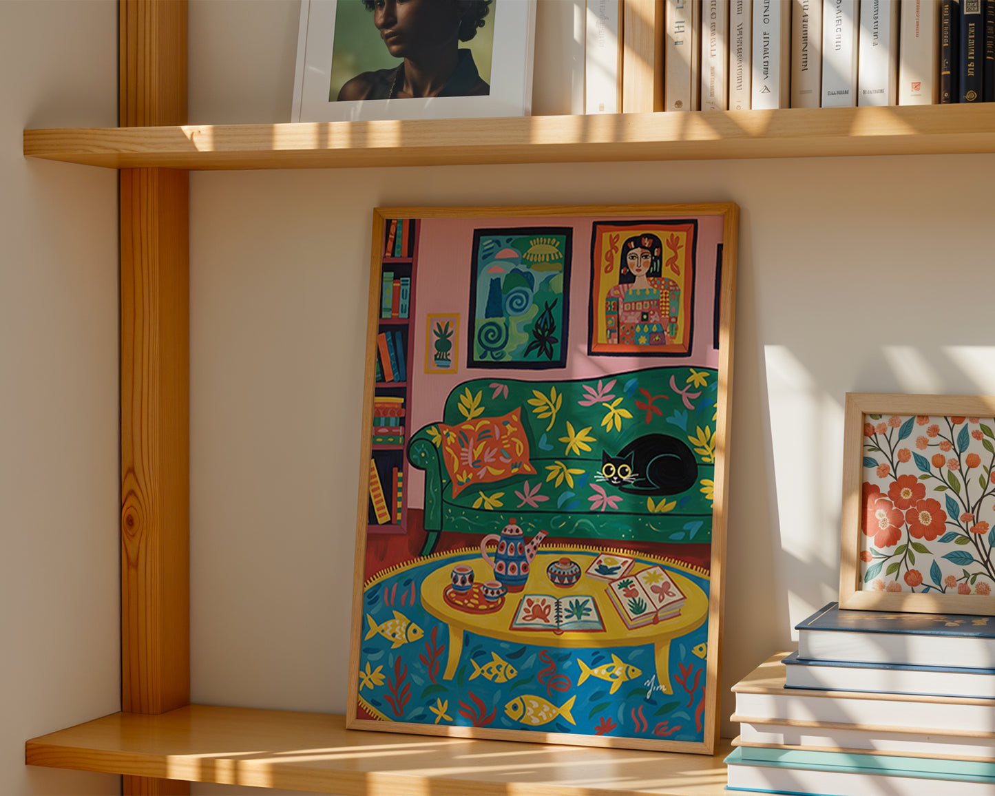 Colorful cozy living room art print with black cat whimsical bookshelf illustration vibrant home decor wall art poster