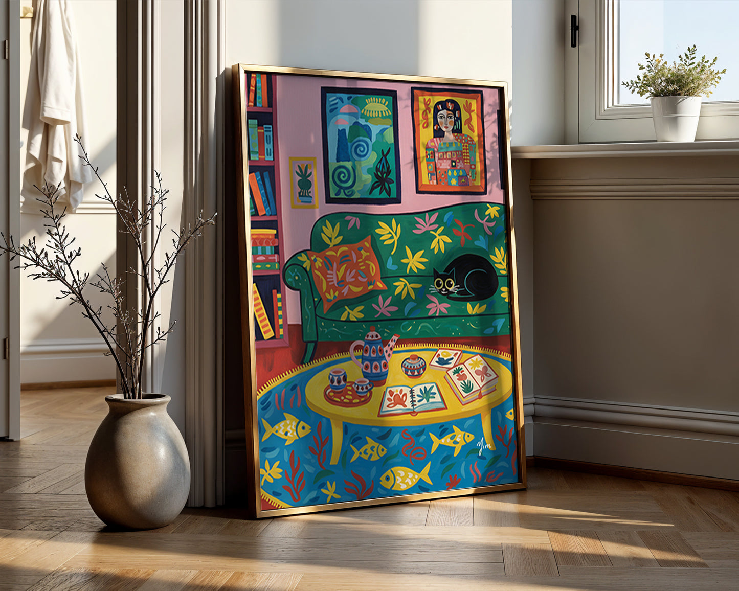 Colorful cozy living room art print with black cat whimsical bookshelf illustration vibrant home decor wall art poster