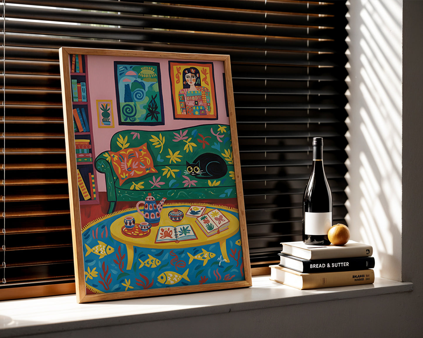 Colorful cozy living room art print with black cat whimsical bookshelf illustration vibrant home decor wall art poster