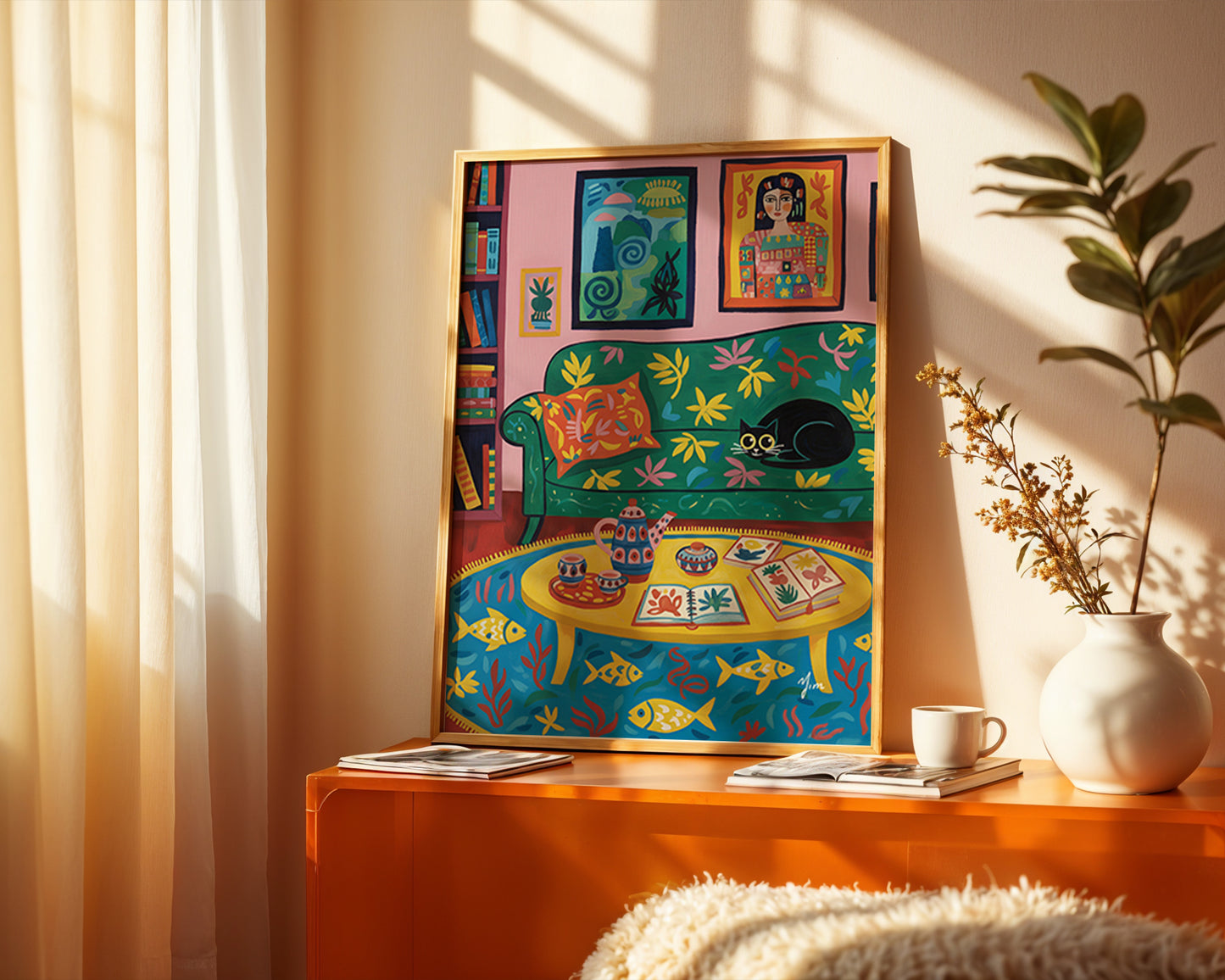 Colorful cozy living room art print with black cat whimsical bookshelf illustration vibrant home decor wall art poster