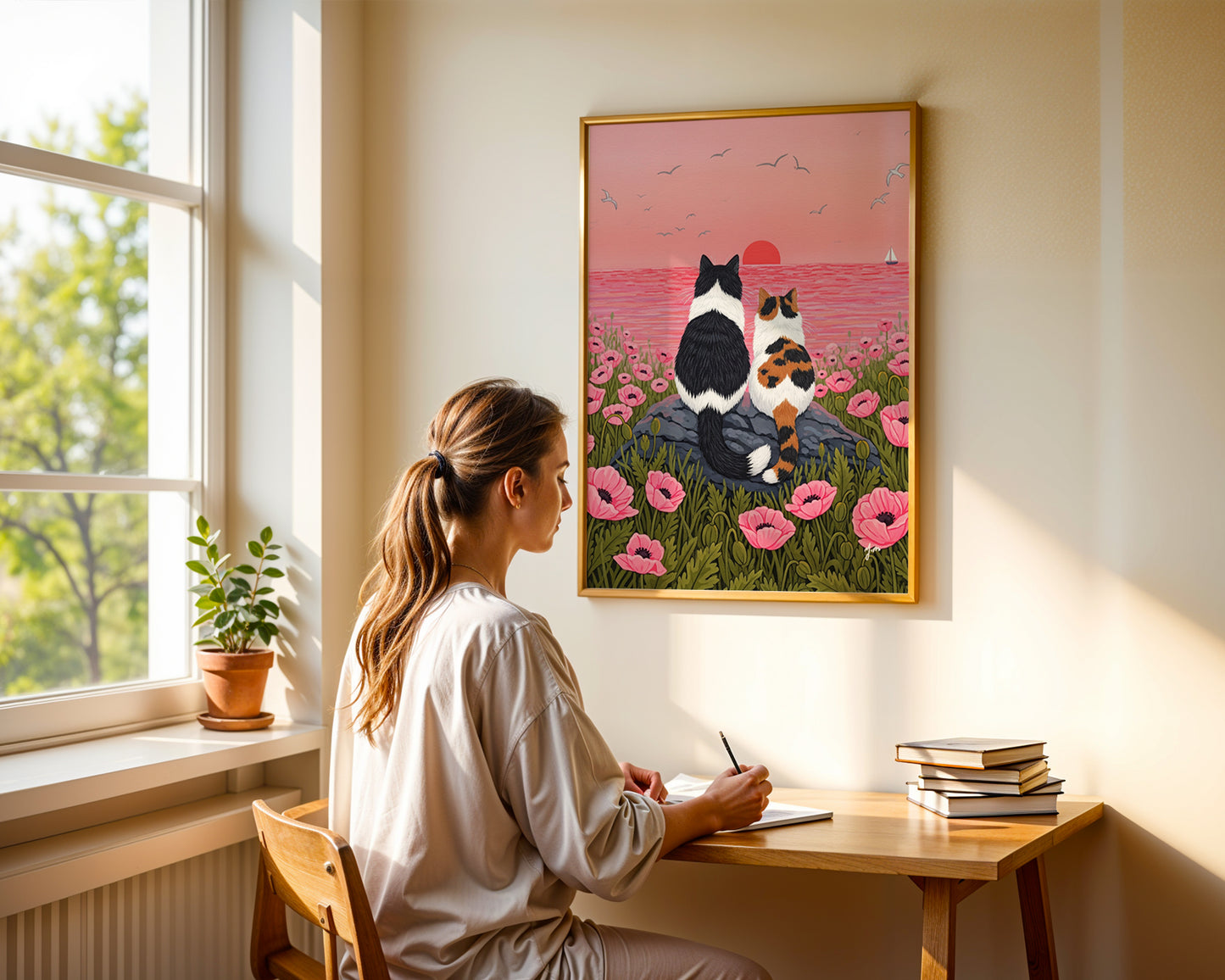 Cats Watching Sunset in Pink Flower Field by YunaMoona Cat Art Wall Decor Poster