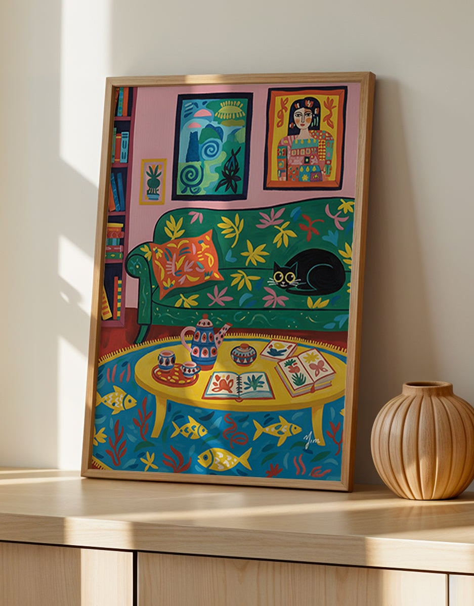 Colorful cozy living room art print with black cat whimsical bookshelf illustration vibrant home decor wall art poster