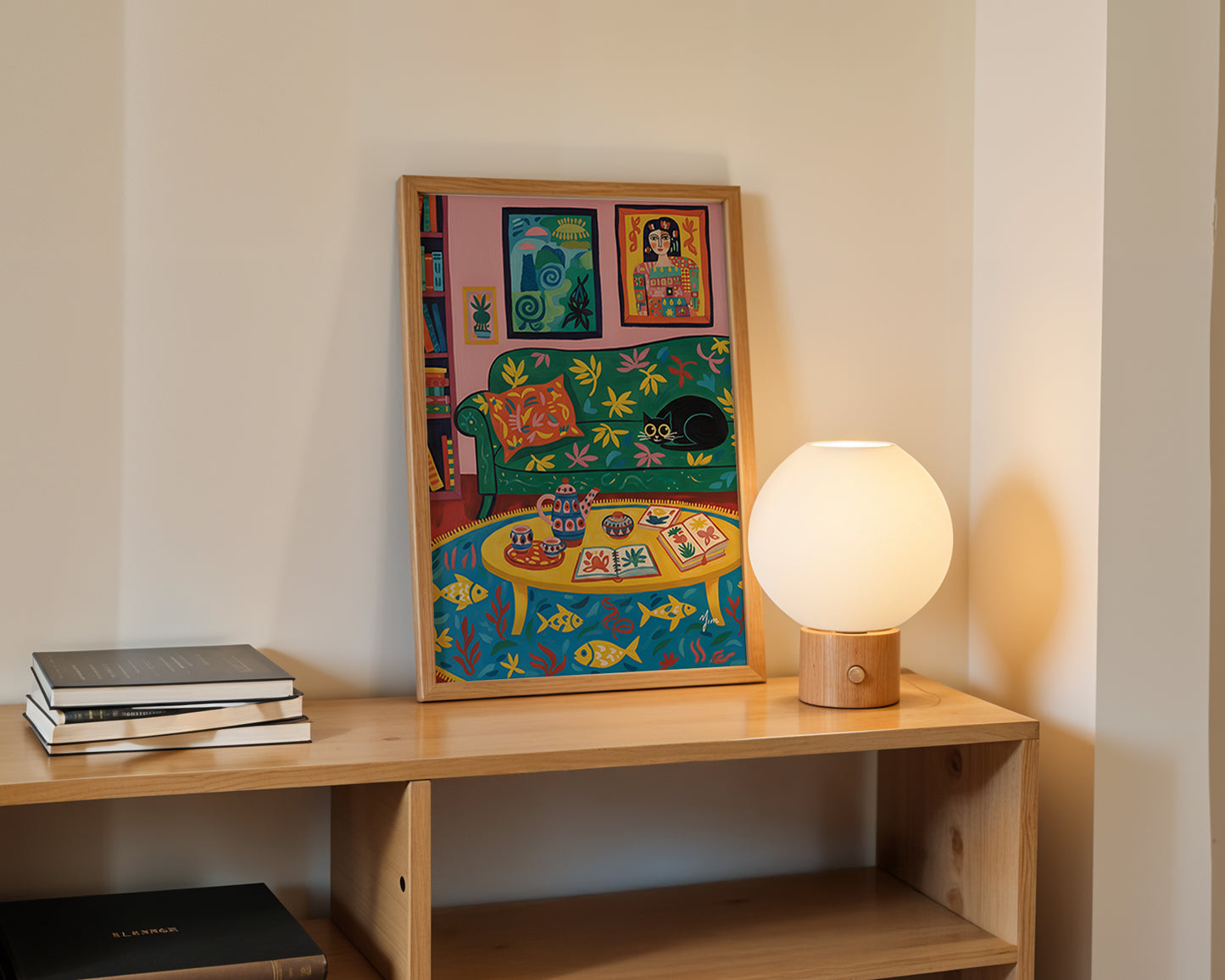 Colorful cozy living room art print with black cat whimsical bookshelf illustration vibrant home decor wall art poster