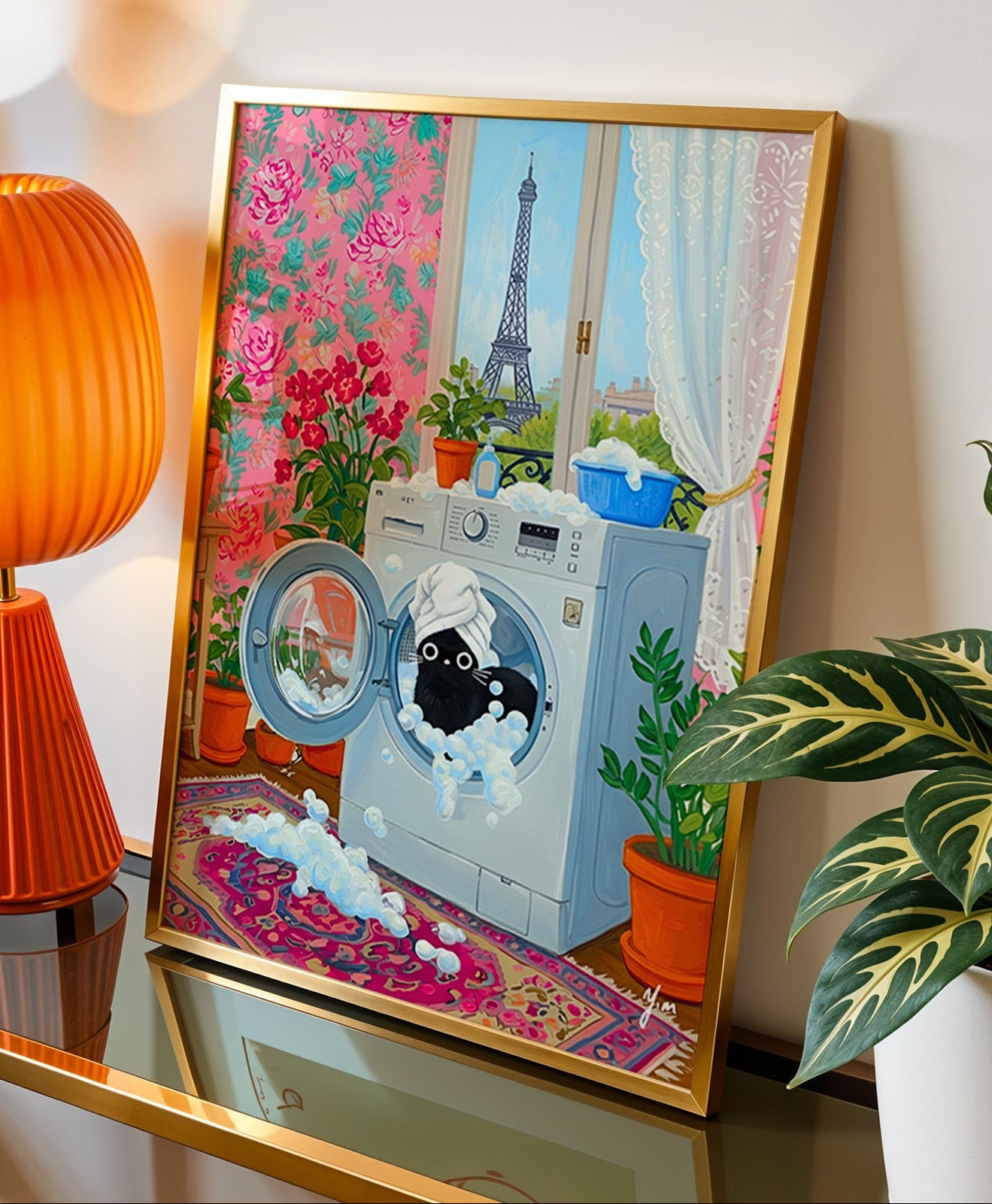 A whimsical Paris themed art print featuring a black cat in a washing machine with bubbles plants and the Eiffel Tower view Perfect for cozy colorful home decor