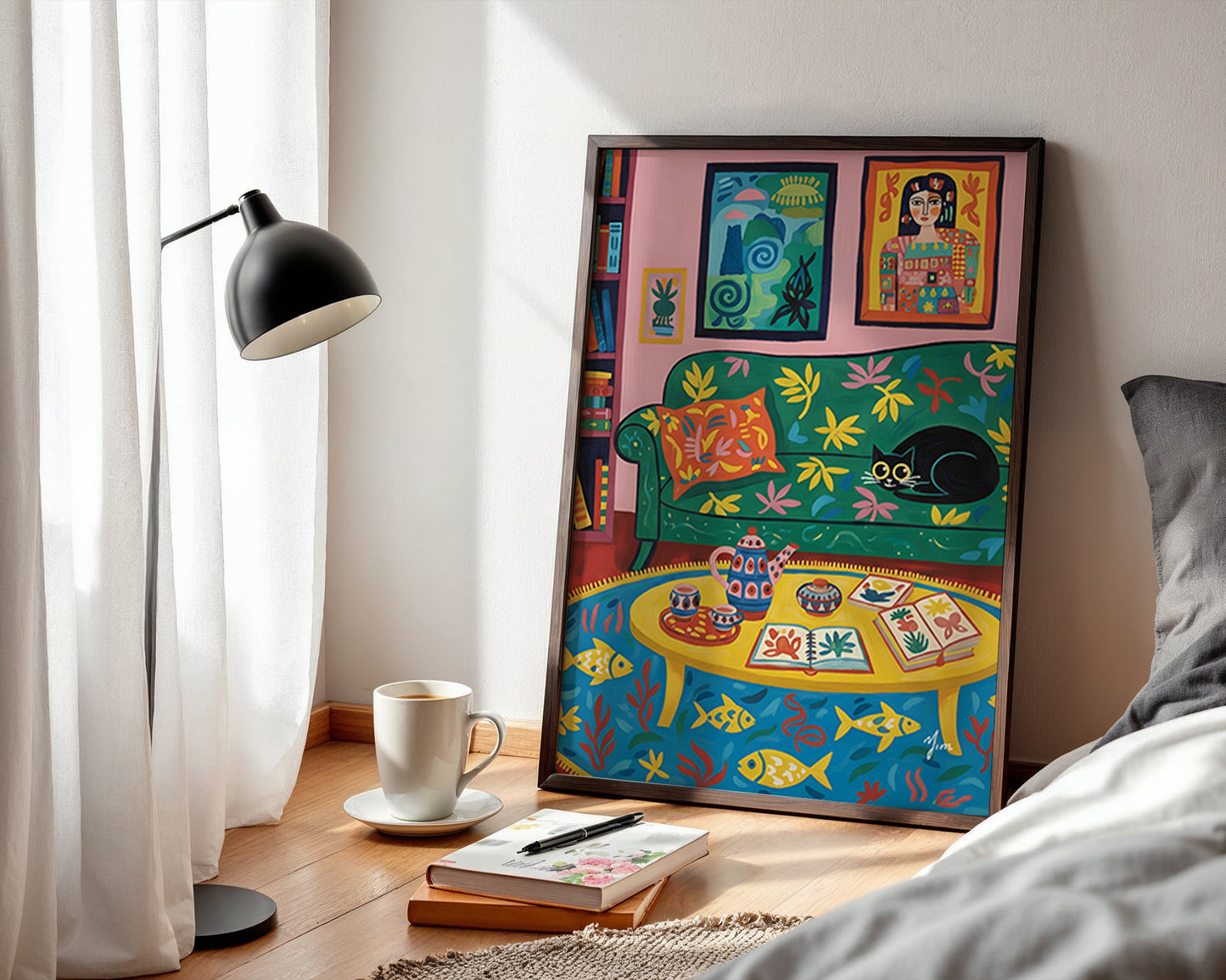 Colorful cozy living room art print with black cat whimsical bookshelf illustration vibrant home decor wall art poster