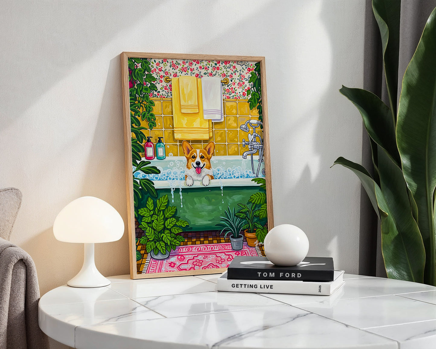 Illustration of a happy corgi taking a bubble bath in a vintage plant filled bathroom with floral wallpaper and cozy cottage details.