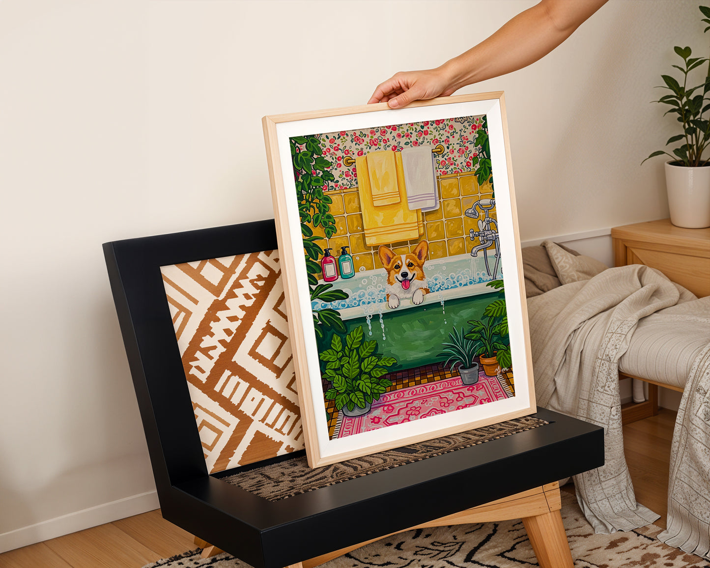 Corgi bubble bath illustration whimsical dog bathroom art cozy home decor by YunaMoona