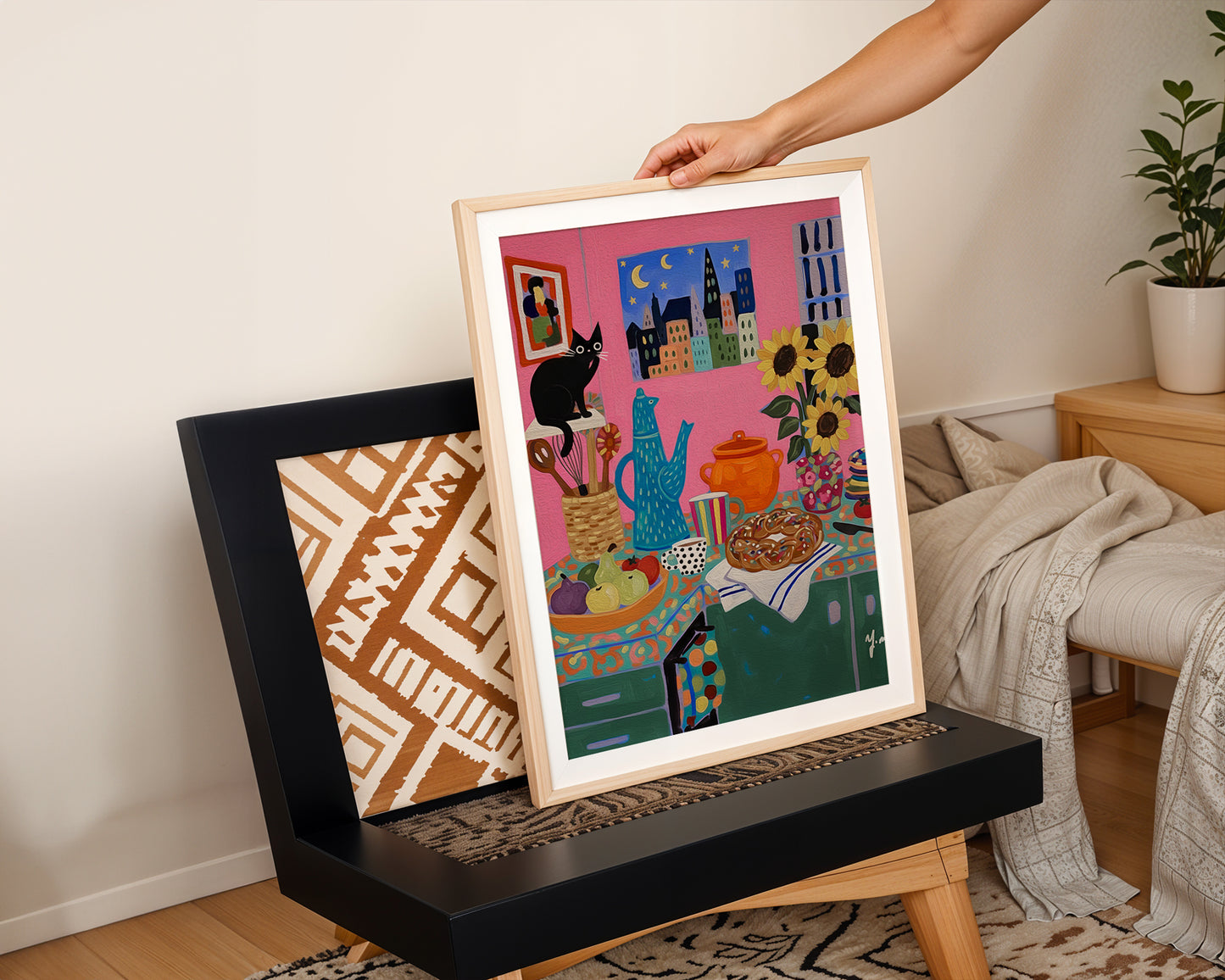 Colorful Whimsical Kitchen Art with Black Cat Sunflowers and Pastry by YunaMoona Poster