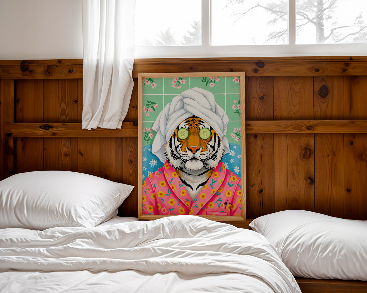 Spa tiger in floral robe relaxing with cucumber mask whimsical animal art by YunaMoona