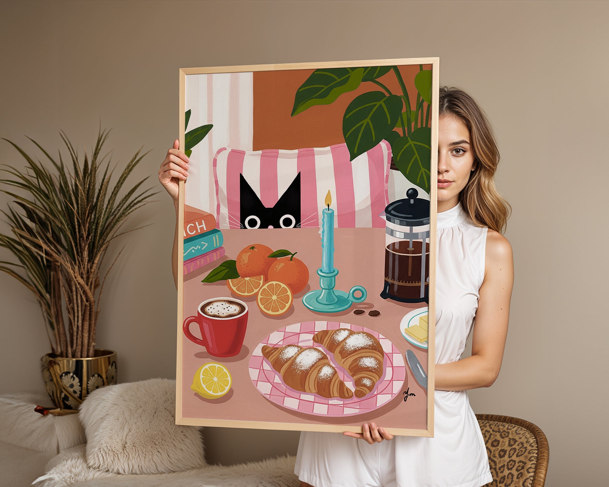 This whimsical art print by Yunamoona features a black cat peeking behind a striped pillow, a warm croissant breakfast, fresh oranges, and a French press coffee scene. Perfect for kitchen or dining wall decor, cat lovers, and brunch enthusiasts. Bring warmth and playful elegance into your home with this detailed and cheerful illustration.