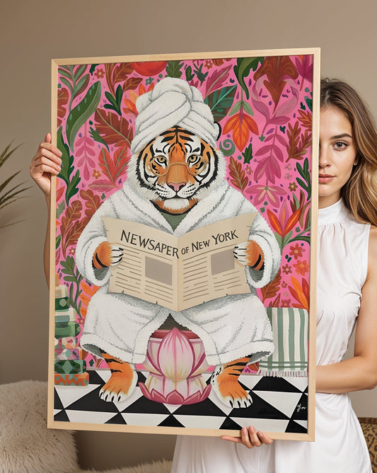 A whimsical illustration of a tiger in a spa robe reading the morning newspaper in a floral cottage-style bathroom. A playful and cozy art print for bathroom decor and self care lovers.