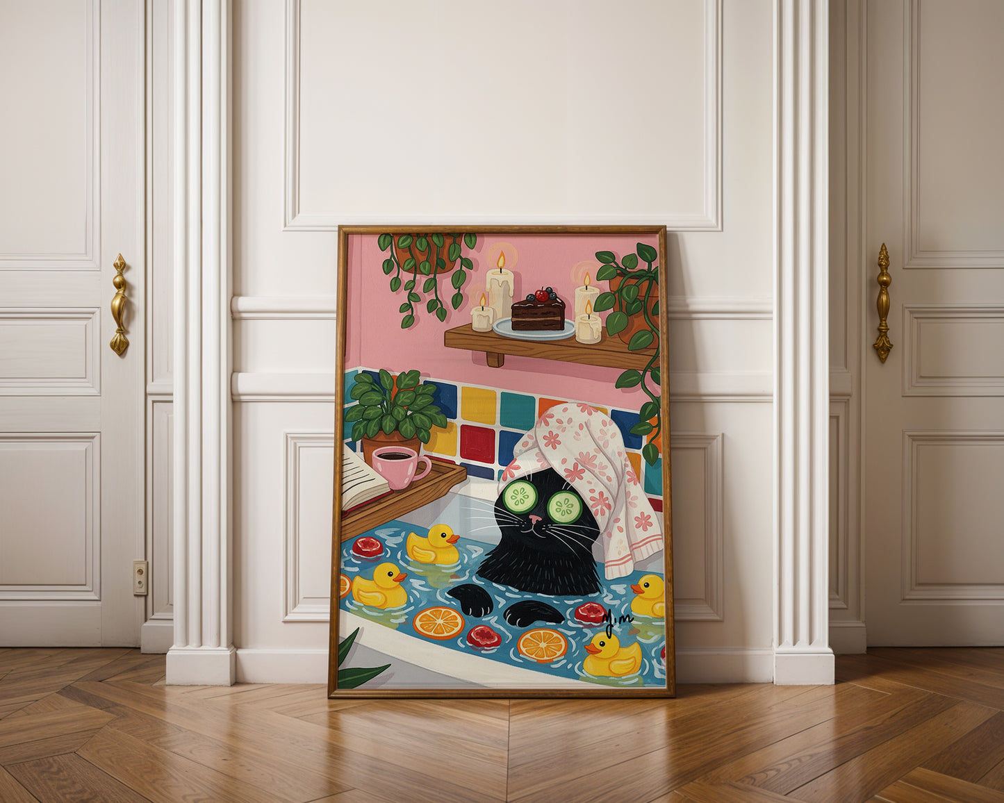 Illustration of a black cat relaxing in a bathtub with cucumber slices on its eyes, surrounded by rubber ducks, orange slices, floating candles, and a slice of chocolate cake on a shelf.