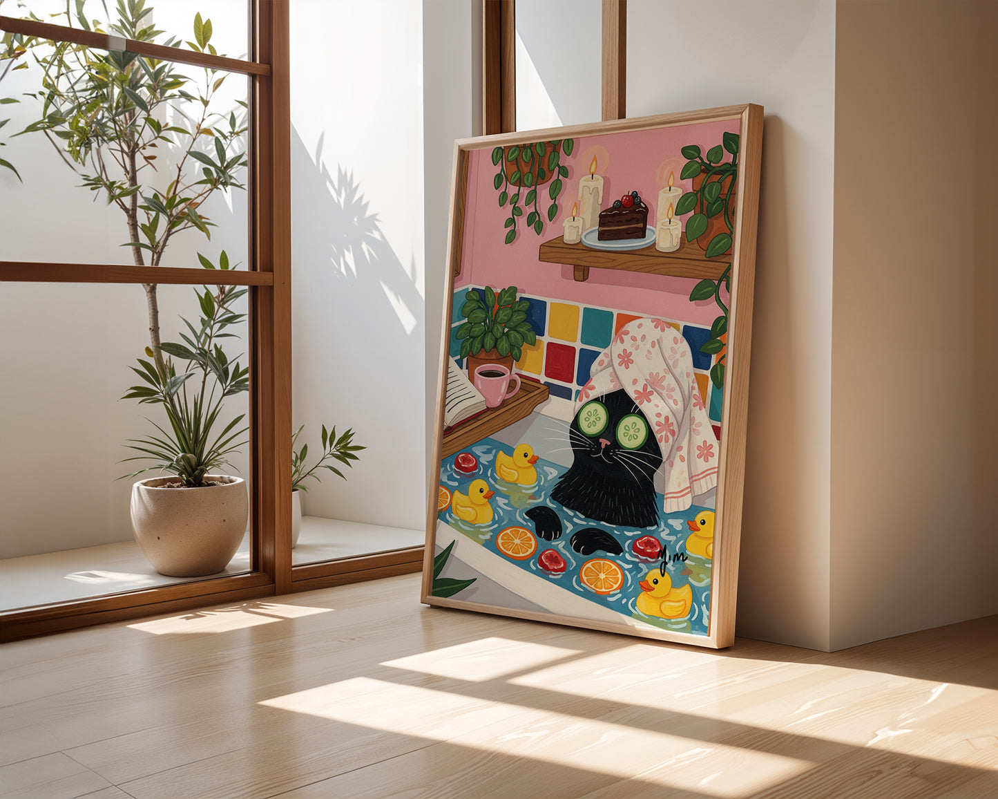 Illustration of a black cat relaxing in a bathtub with cucumber slices on its eyes, surrounded by rubber ducks, orange slices, floating candles, and a slice of chocolate cake on a shelf.
