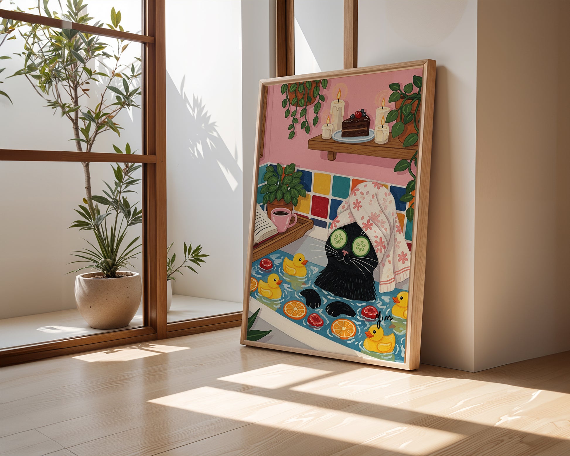 Illustration of a black cat relaxing in a bathtub with cucumber slices on its eyes, surrounded by rubber ducks, orange slices, floating candles, and a slice of chocolate cake on a shelf.
