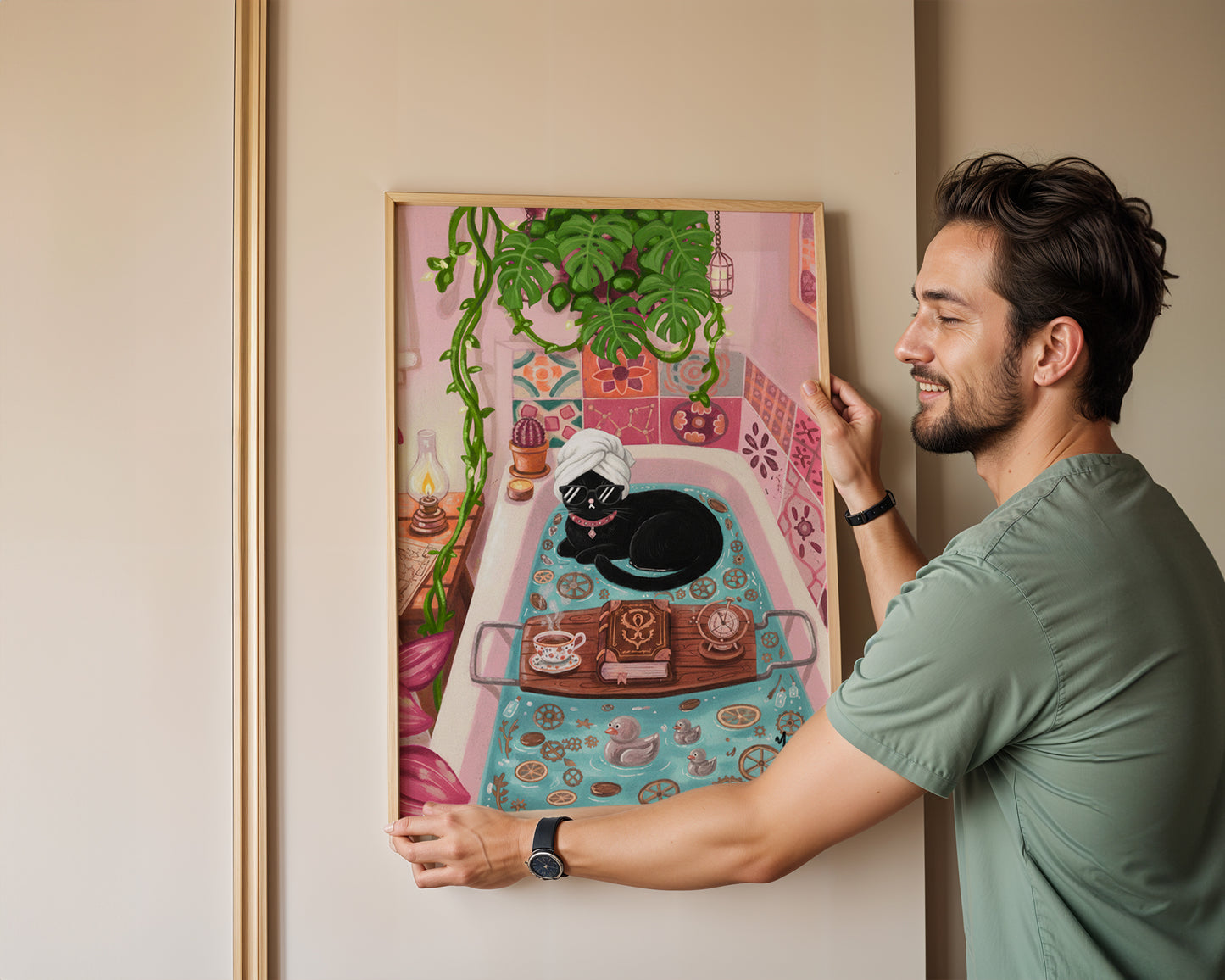 Black Cat Relaxing Bath Art whimsical bathroom decor cozy pink bathtub illustration Poster