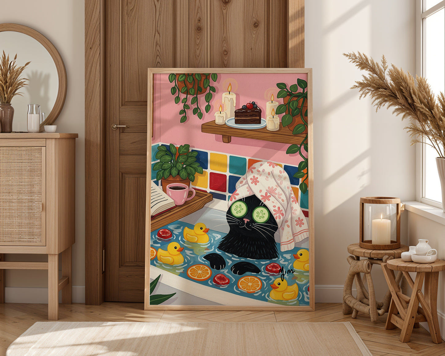 Illustration of a black cat relaxing in a bathtub with cucumber slices on its eyes, surrounded by rubber ducks, orange slices, floating candles, and a slice of chocolate cake on a shelf.