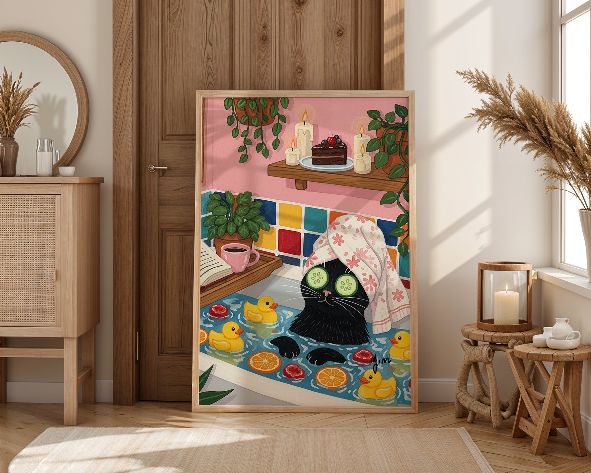 Illustration of a black cat relaxing in a bathtub with cucumber slices on its eyes, surrounded by rubber ducks, orange slices, floating candles, and a slice of chocolate cake on a shelf.