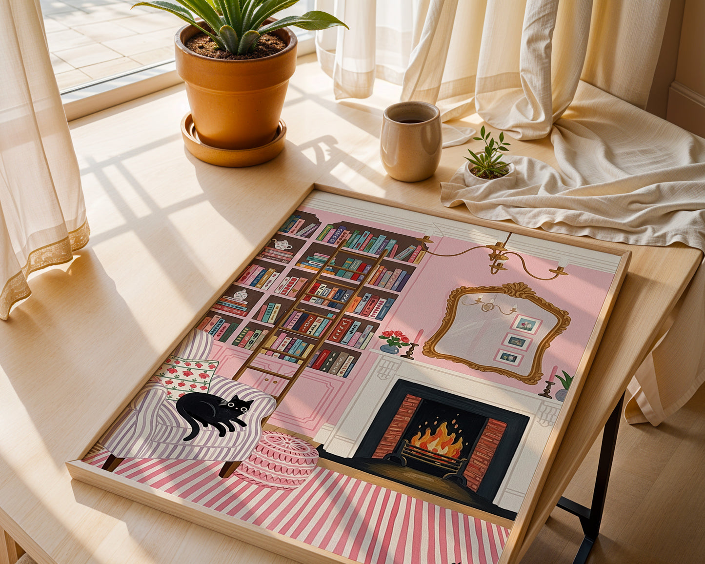 Cozy Pink Reading Room Illustration with Black Cat and Fireplace Poster