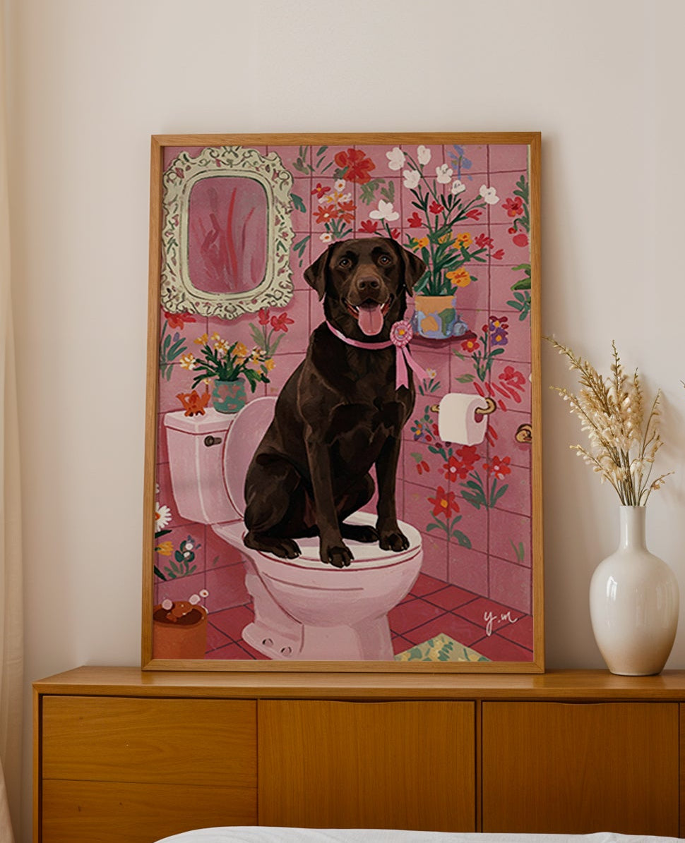 Whimsical chocolate lab bathroom art print pink floral illustration funny dog artwork home decor wall art Poster