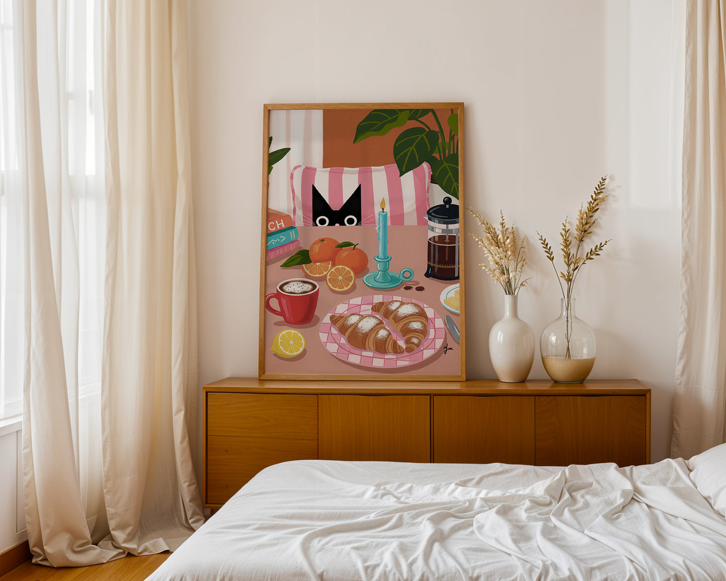 Cozy Cat Brunch Art Print with Croissants Coffee and Candle Kitchen Wall Decor by Yunamoona