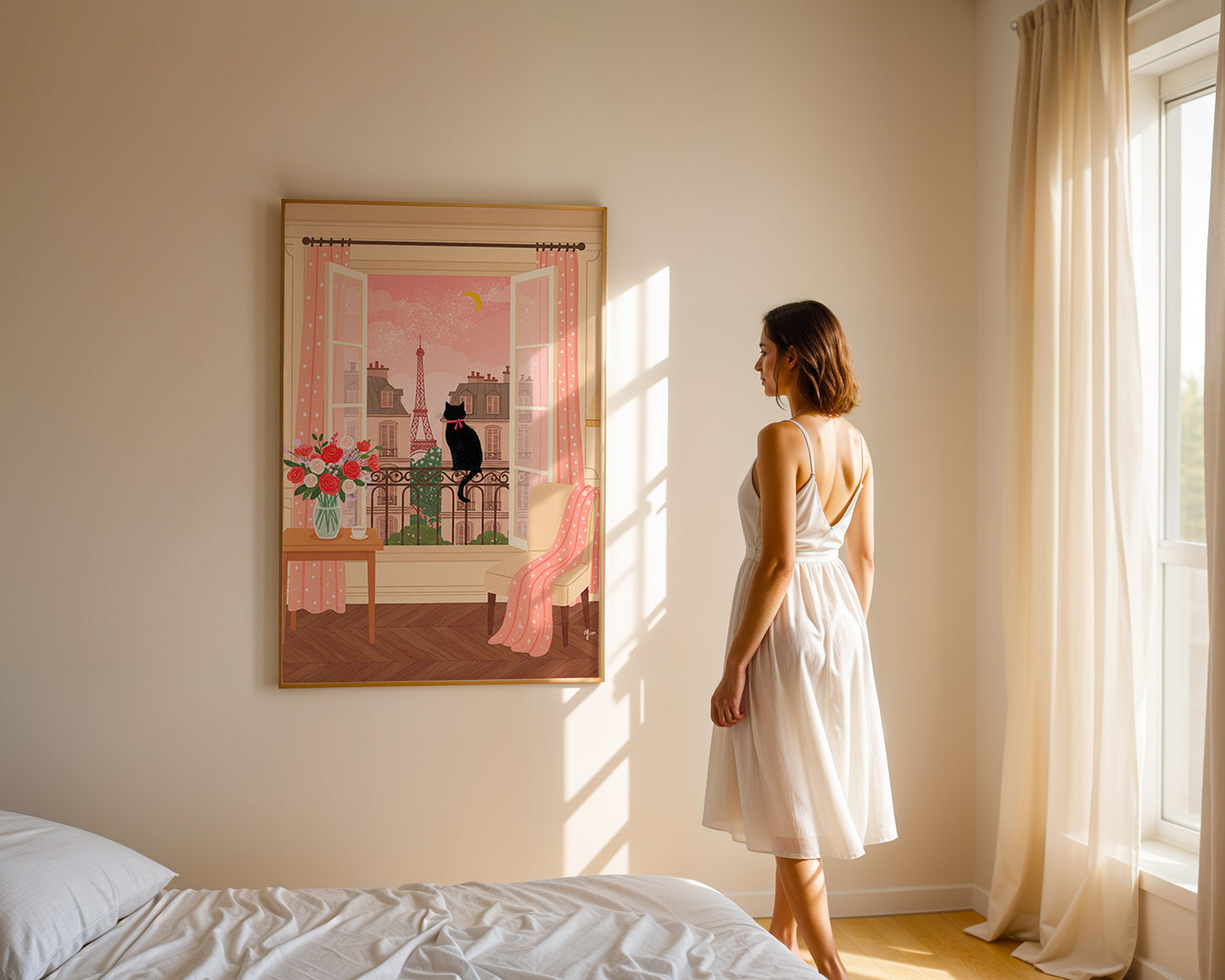 Romantic Paris View with Black Cat and Eiffel Tower Dreamy Pink Sunset Balcony Scene by Yunamoona