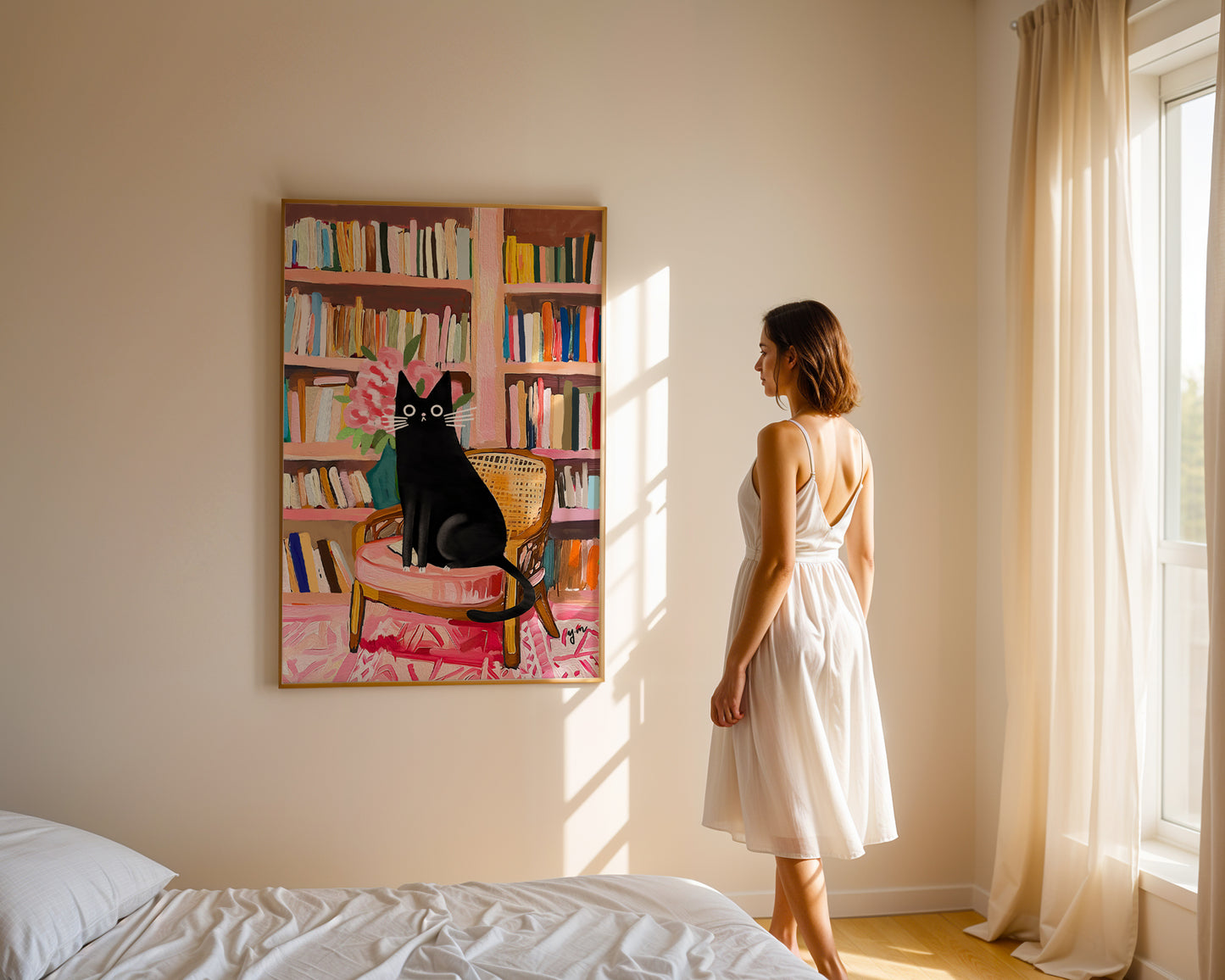 Black Tuxedo Cat in Cozy Library Art Print Whimsical Cute Cat Illustration Home Decor