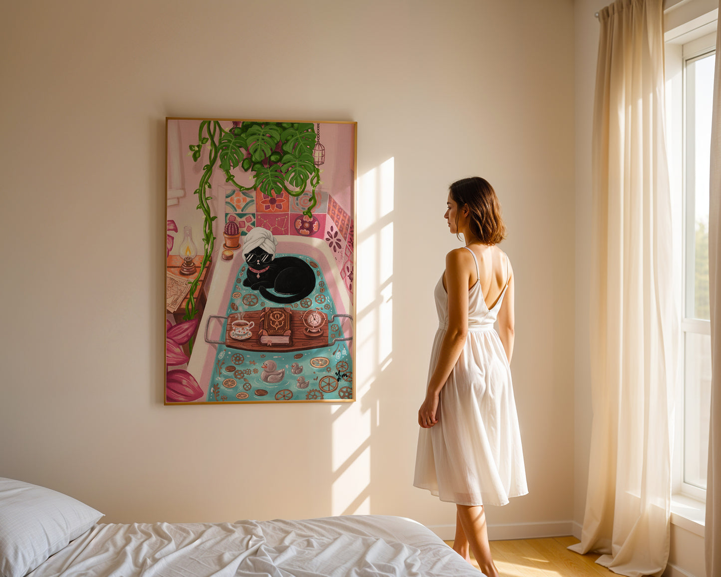 Black Cat Relaxing Bath Art whimsical bathroom decor cozy pink bathtub illustration Poster