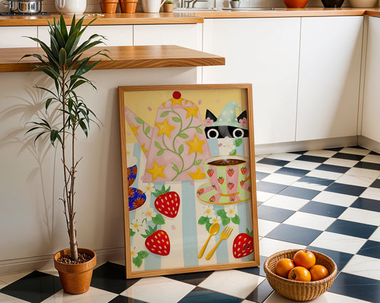 A whimsical pastel illustration of a cat peeking behind a teapot at a strawberry tea party. Cozy cottagecore kitchen decor for cat and tea lovers.