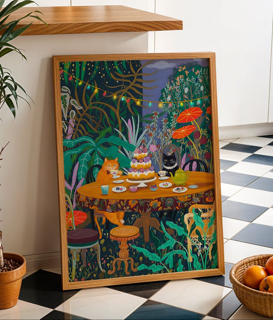 Two cats enjoying a whimsical tea party in a lush moonlit garden with flowers and string lights.