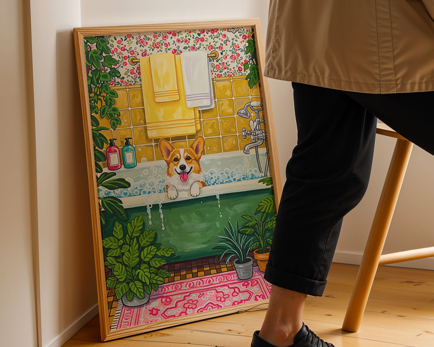 Corgi bubble bath illustration whimsical dog bathroom art cozy home decor by YunaMoona