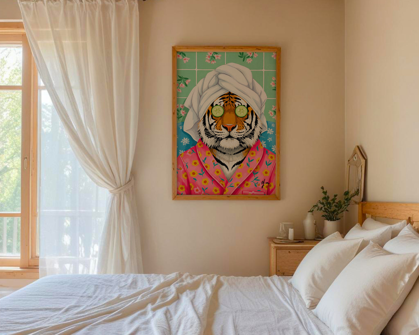Spa tiger in floral robe relaxing with cucumber mask whimsical animal art by YunaMoona