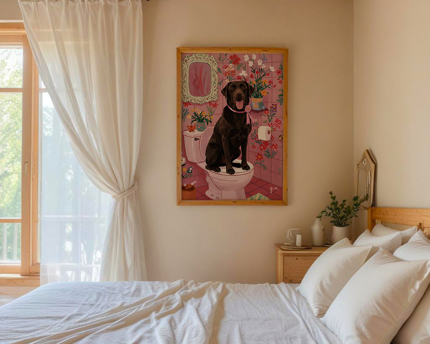 Whimsical chocolate lab bathroom art print pink floral illustration funny dog artwork home decor wall art Poster